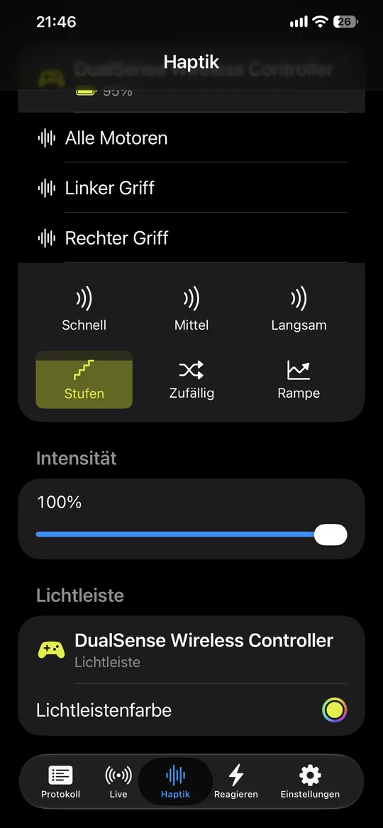 MilliLog auf dem iPhone mit den sechs Haptik-Mustern und der Intensitätsregelung