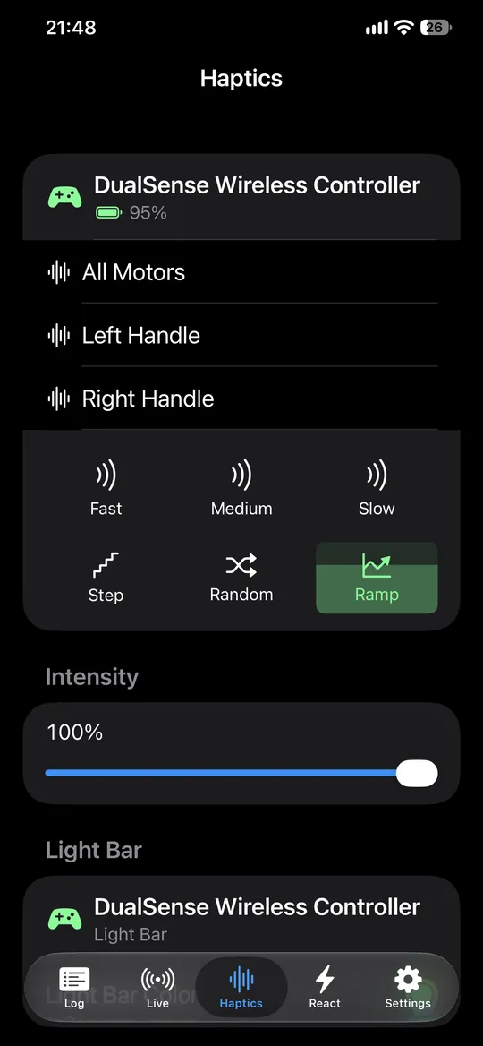 MilliLog on iPhone showing the six haptic patterns and the intensity control