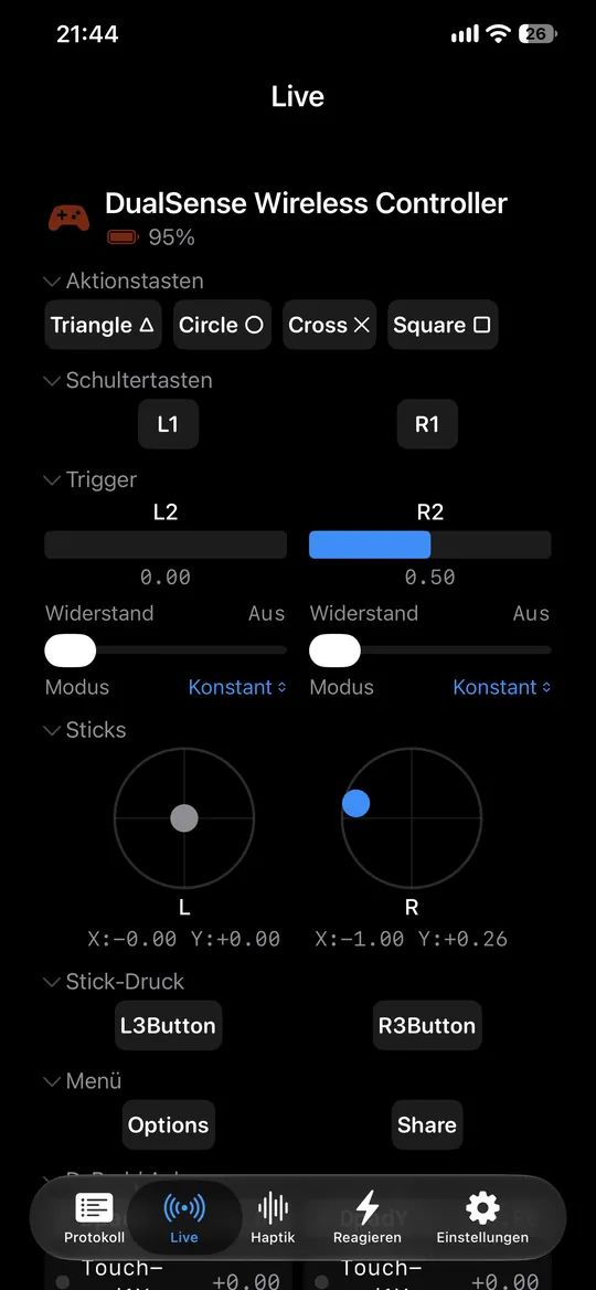 MilliLog auf dem iPhone mit Live-Werten für Tasten, Trigger und Sticks eines DualSense-Controllers