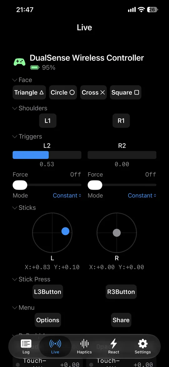 MilliLog on iPhone showing live button, trigger, and stick readings for a DualSense controller