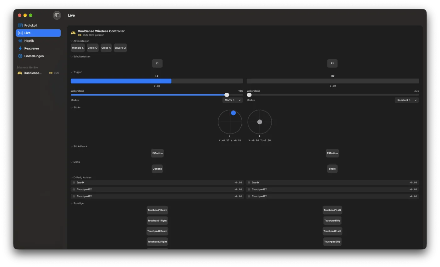 MilliLog für Mac mit der Live-Ansicht für Tasten, Trigger, Sticks und Touchpad-Achsen