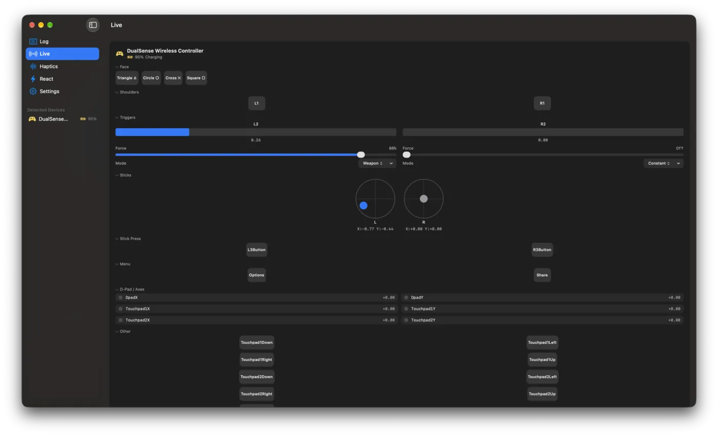 MilliLog for Mac showing the Live view with buttons, triggers, sticks, and touchpad axes
